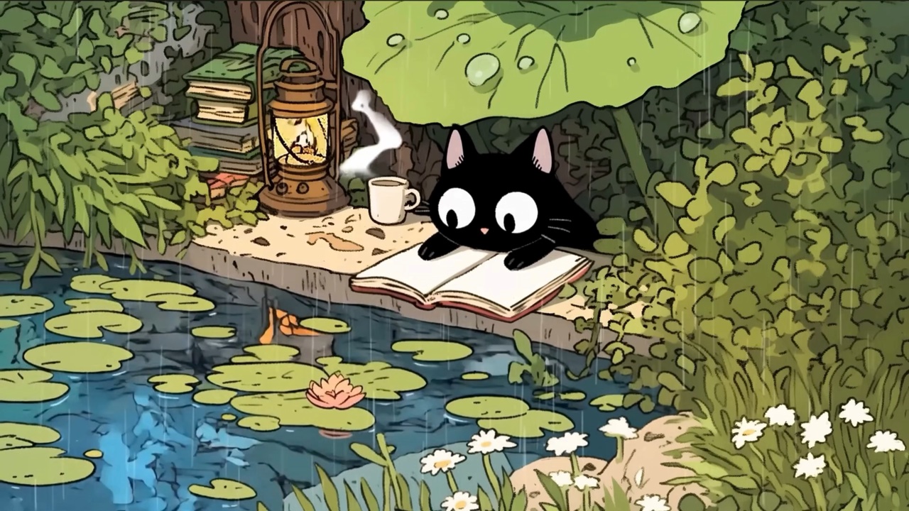 Cat Reading in the Rain