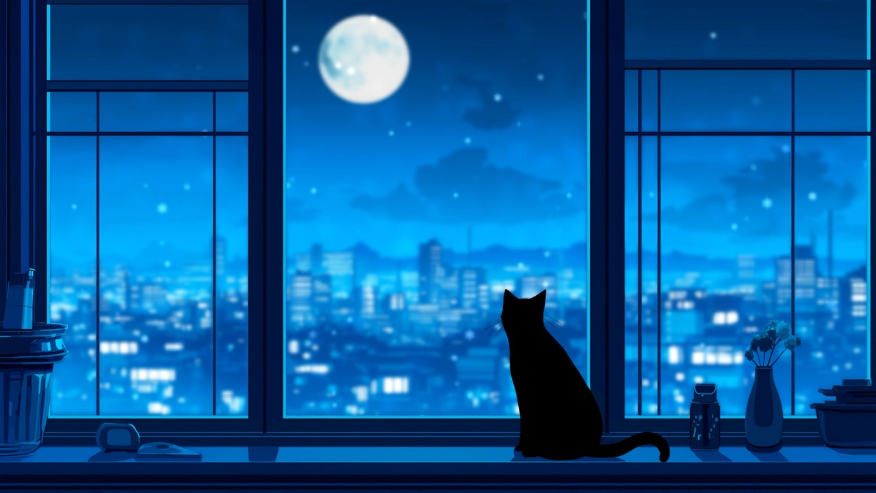 Black Cat Watching The Moon Through The Window