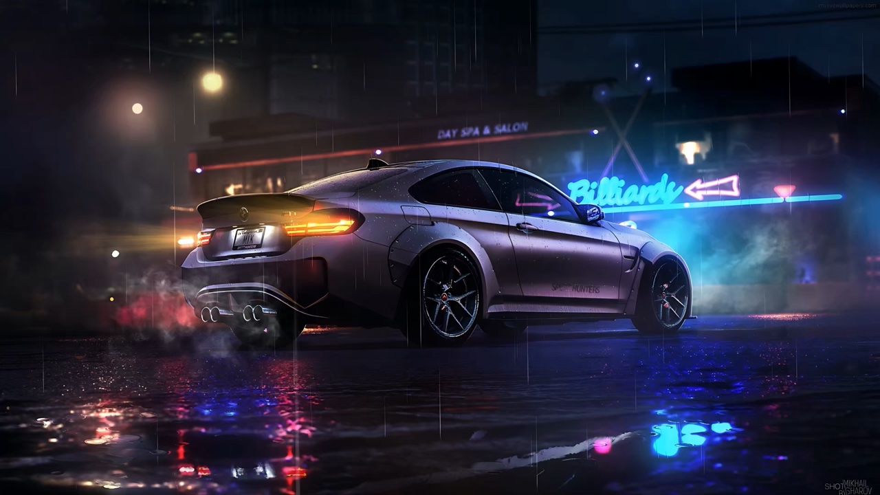 BMW M4 Parked On A Wet Night Road live wallpaper for Mac