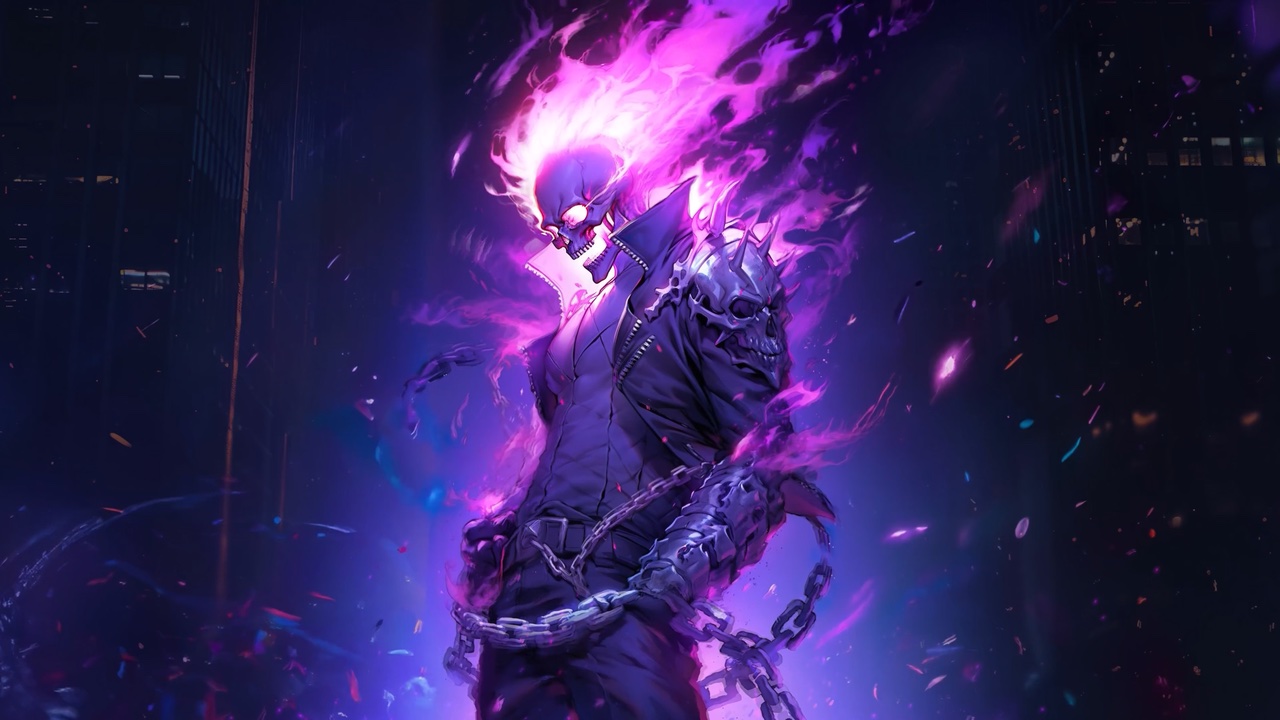 Neon Flame Reaper Skull Warrior in Purple Fire
