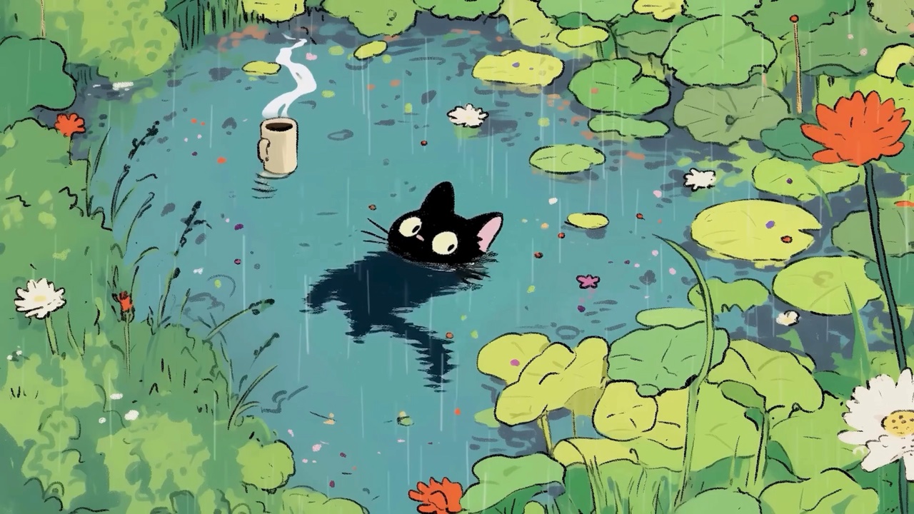 Cat Relaxing in a Pond
