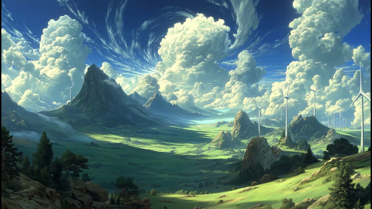 Fantasy Valley Under Swirling Skies