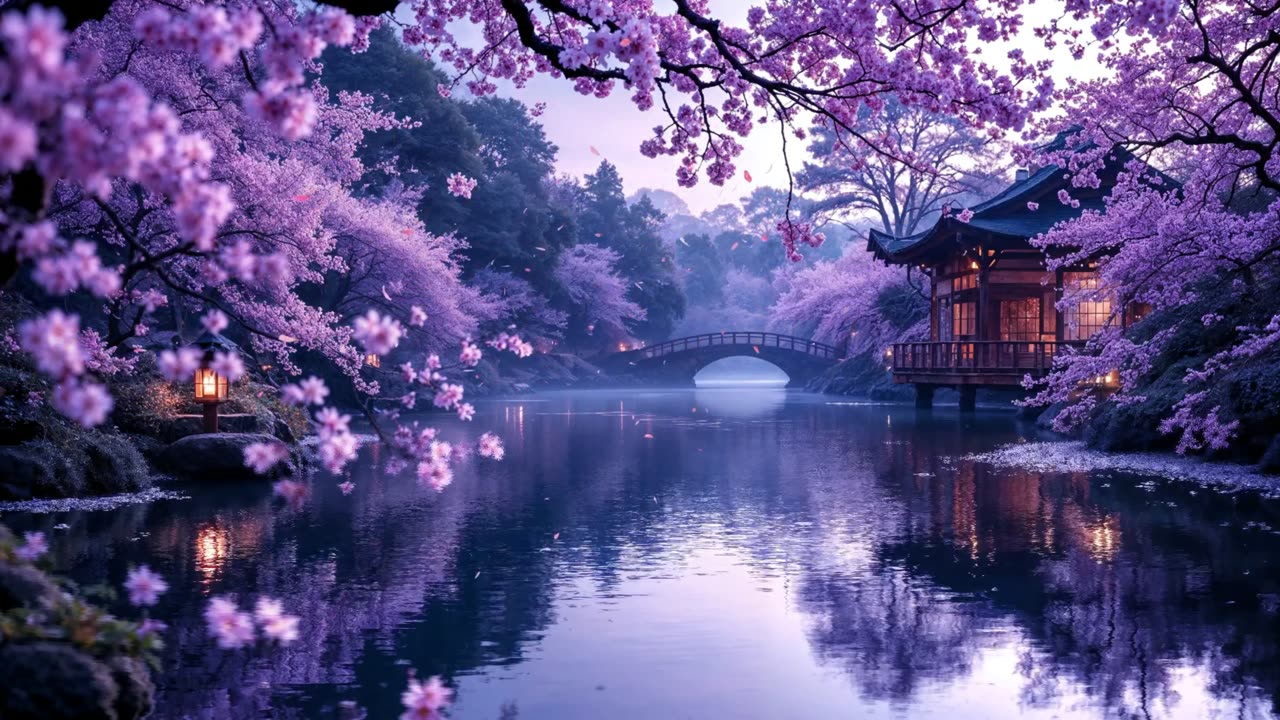 Purple Sakura River Traditional Japanese House